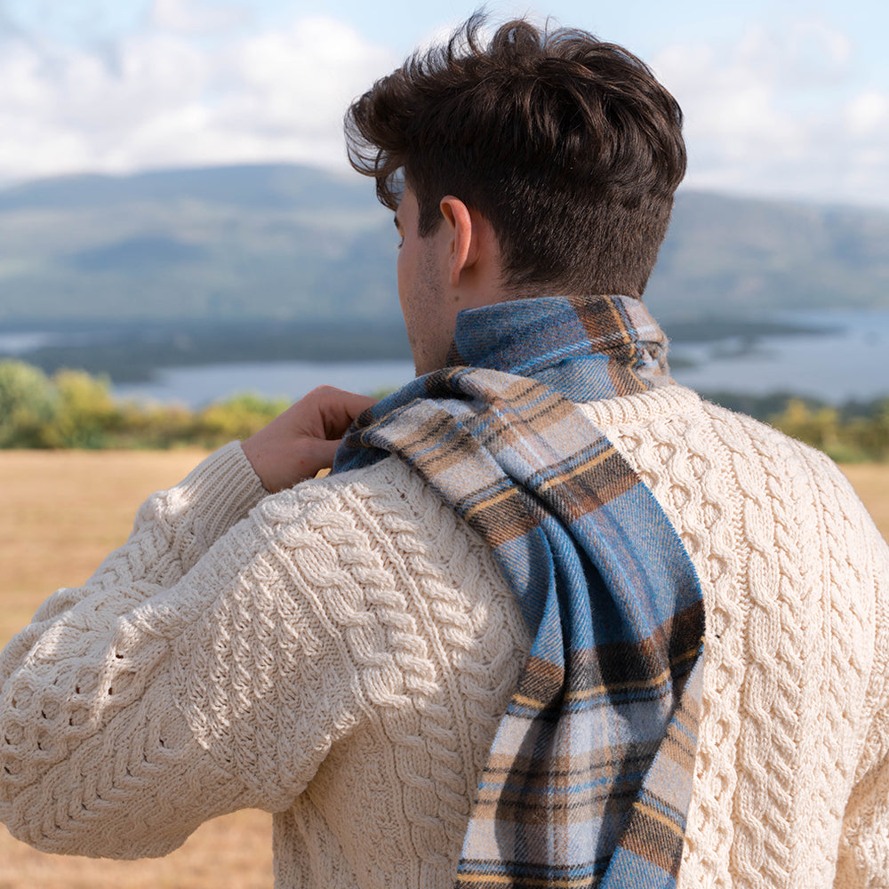 Blue Charcoal Sage Plaid Long Lambswool Scarf