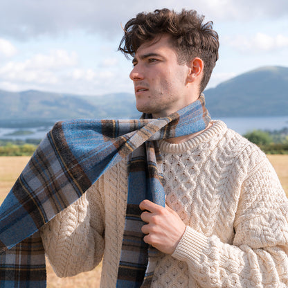 Blue Charcoal Sage Plaid Long Lambswool Scarf