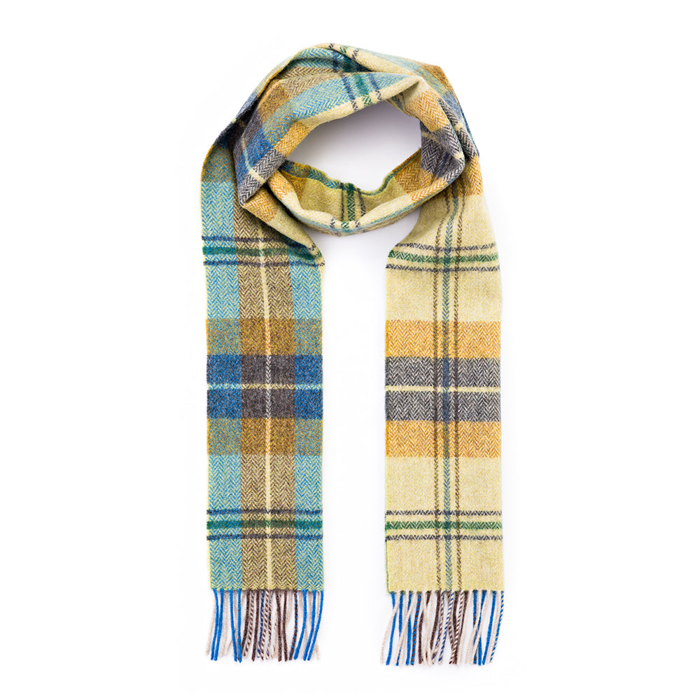 Citrus, Blue & Brown Plaid Long Lambswool Scarf