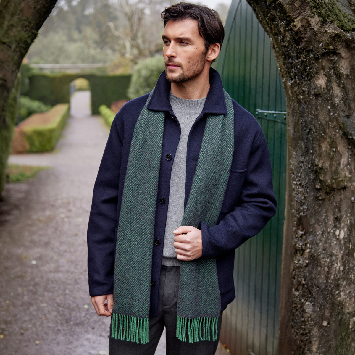 Green Charcoal Herringbone Merino & Cashmere Scarf