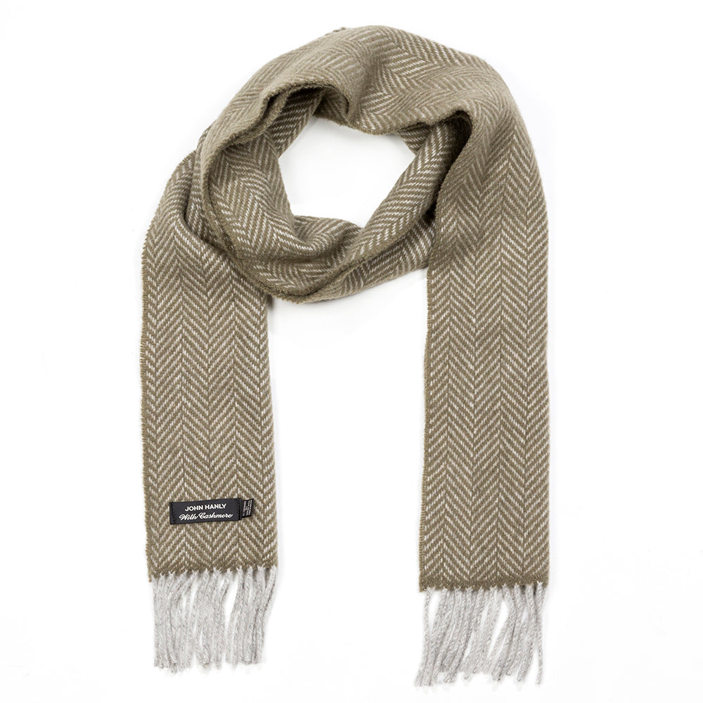 Light Grey and Olive Herringbone Merino & Cashmere Scarf