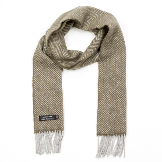 Light Grey and Olive Herringbone Merino & Cashmere Scarf