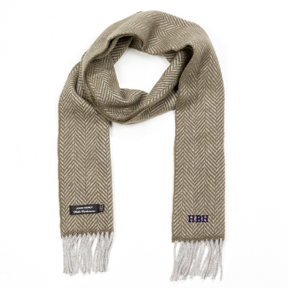 Light Grey and Olive Herringbone Merino & Cashmere Scarf