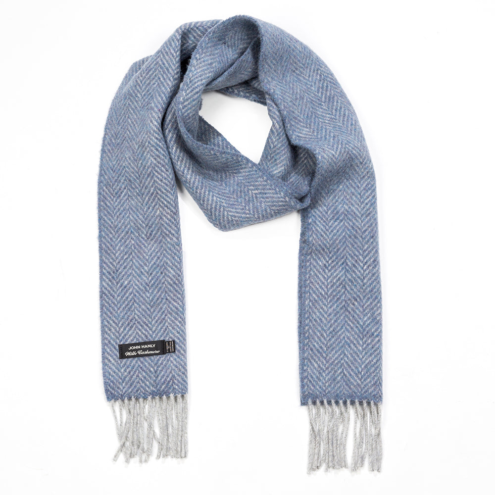 Light Grey Blue Herringbone Merino & Cashmere Scarf