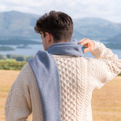 Light Grey Blue Herringbone Merino & Cashmere Scarf