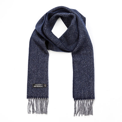 Grey and Navy Herringbone Merino & Cashmere Scarf