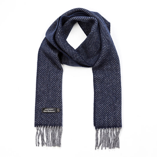 Grey and Navy Herringbone Merino & Cashmere Scarf