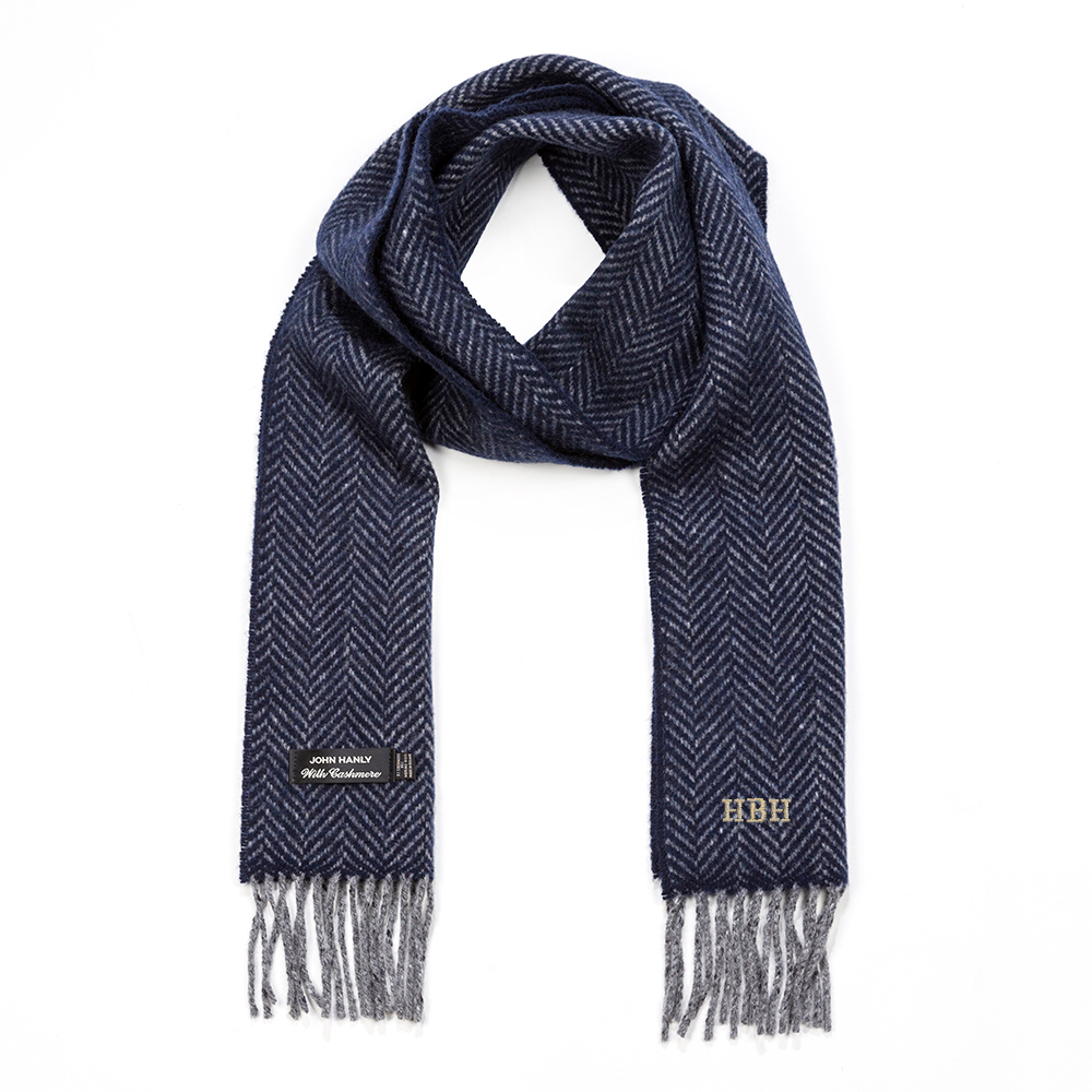Grey and Navy Herringbone Merino & Cashmere Scarf