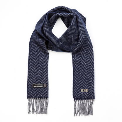 Grey and Navy Herringbone Merino & Cashmere Scarf