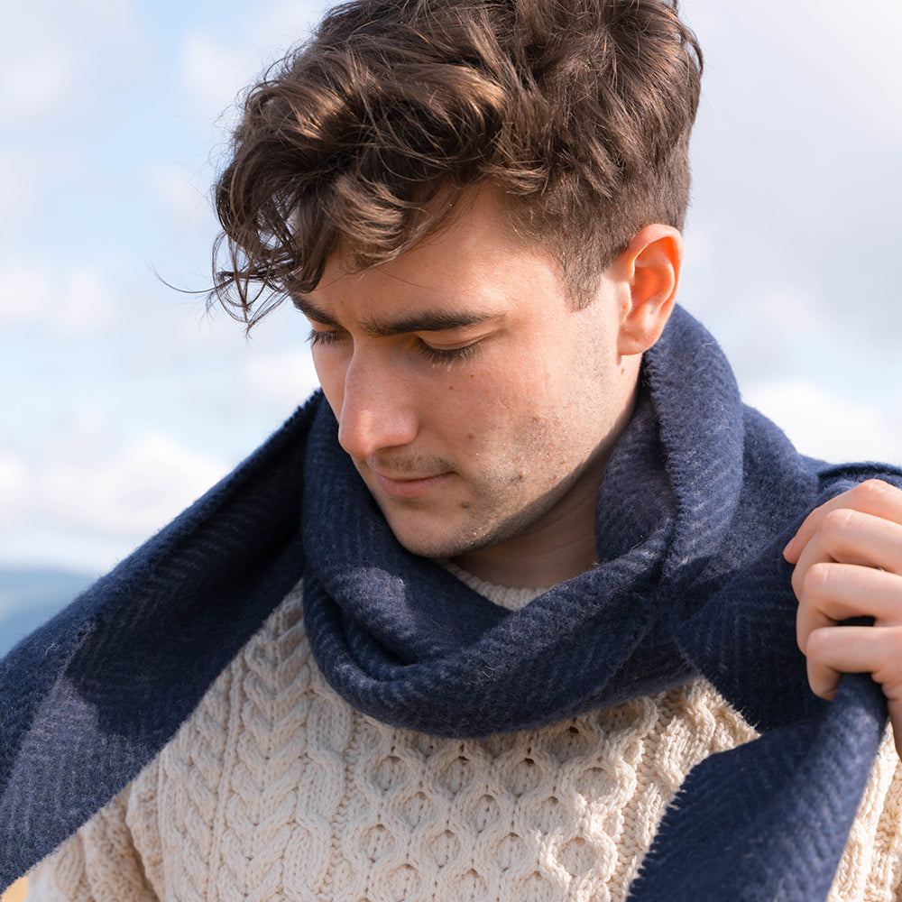 Grey and Navy Herringbone Merino & Cashmere Scarf