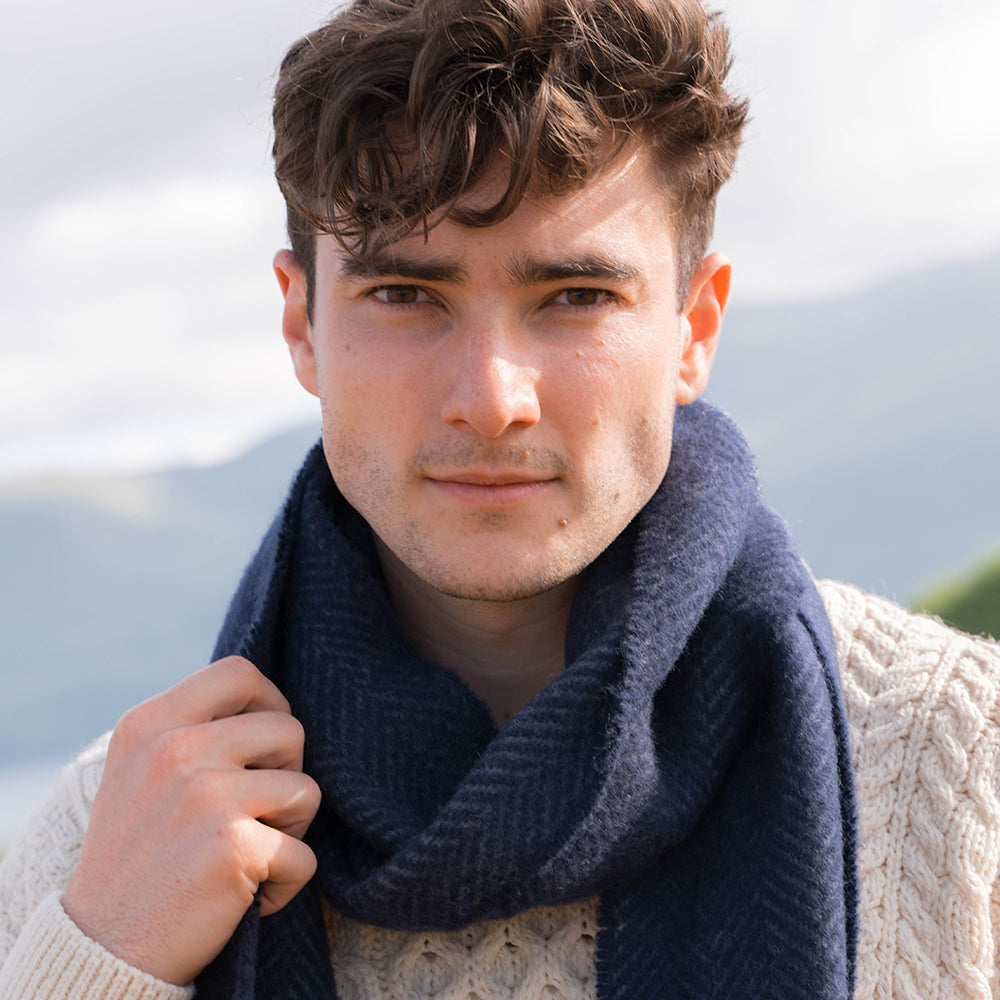 Grey and Navy Herringbone Merino & Cashmere Scarf