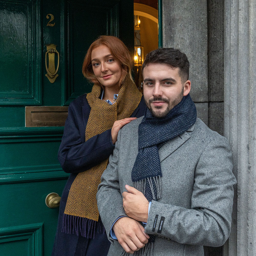 Grey and Navy Herringbone Merino & Cashmere Scarf