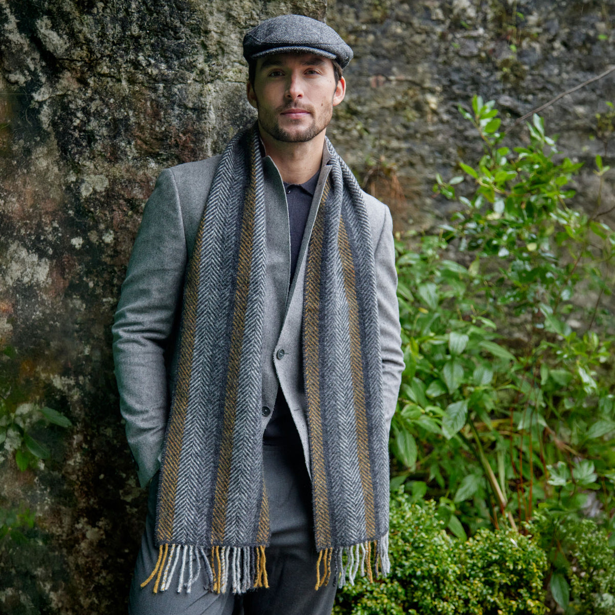 Grey Mustard Stripe Merino & Cashmere Scarf