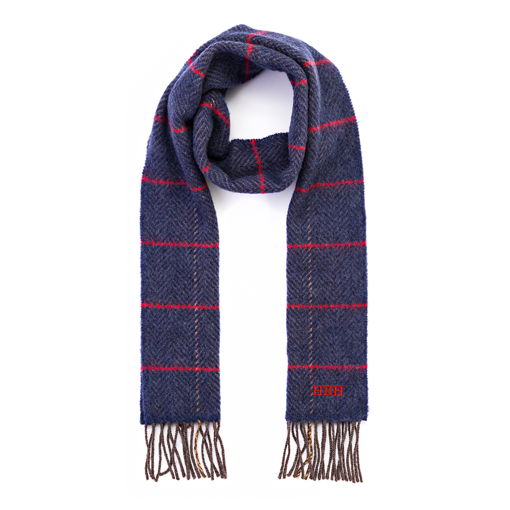 Denim with Beige Red Windowpane Merino & Cashmere Scarf