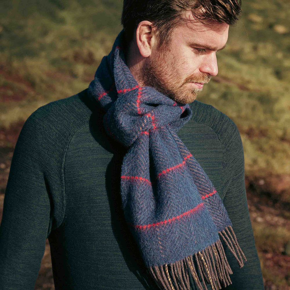 Denim with Beige Red Windowpane Merino & Cashmere Scarf