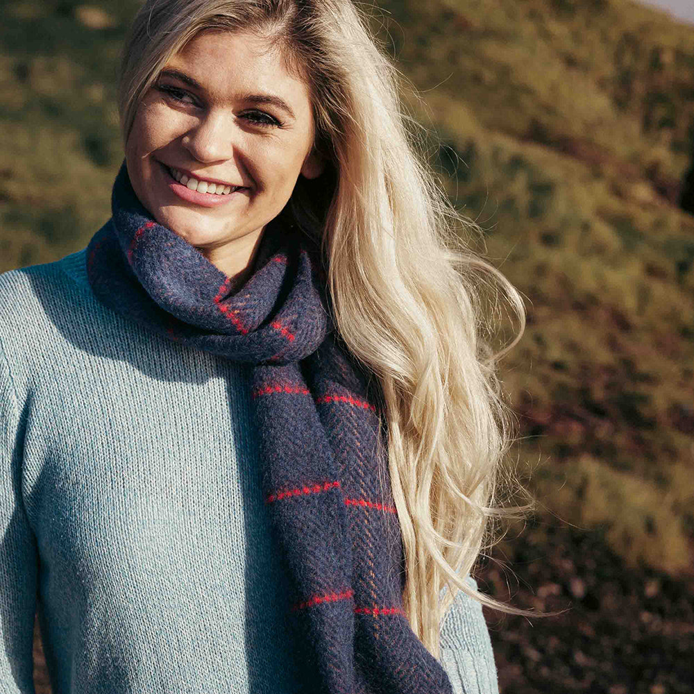 Denim with Beige Red Windowpane Merino & Cashmere Scarf