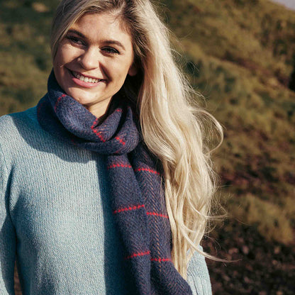 Denim with Beige Red Windowpane Merino & Cashmere Scarf