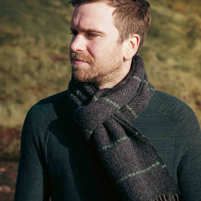Charcoal with Beige Green Windowpane Merino & Cashmere Scarf