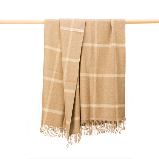 Wool Angora Throw | Camel & Cream Windowpane Check