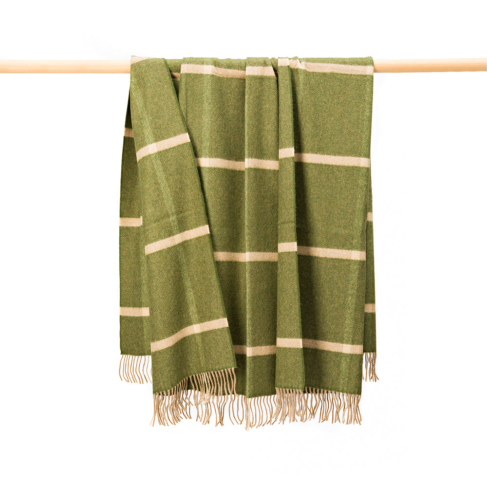 Wool Angora Throw | Green & Cream Windowpane Check