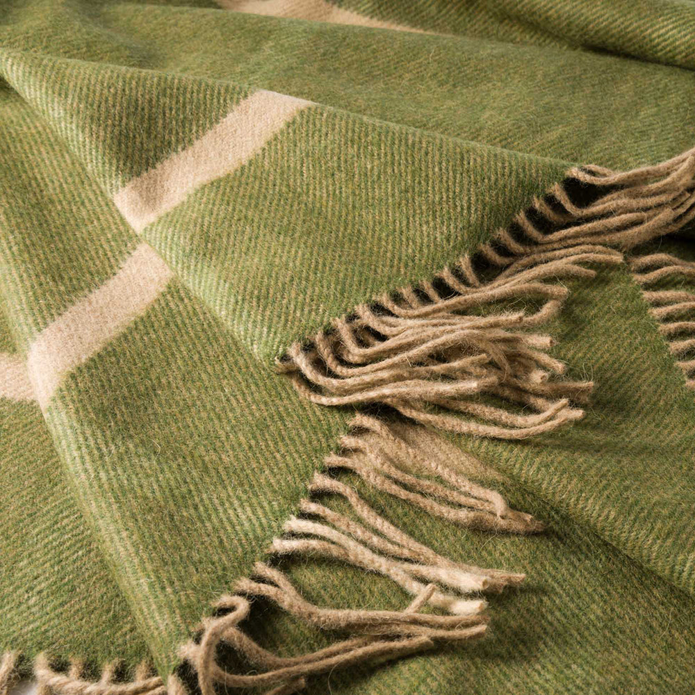 Wool Angora Throw | Green & Cream Windowpane Check