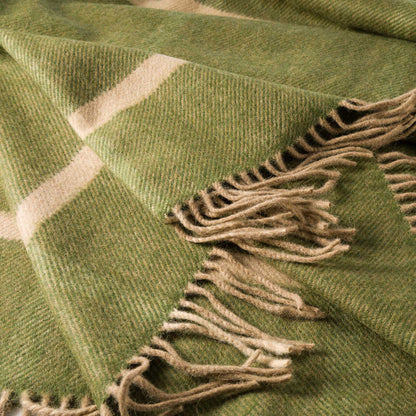 Wool Angora Throw | Green & Cream Windowpane Check