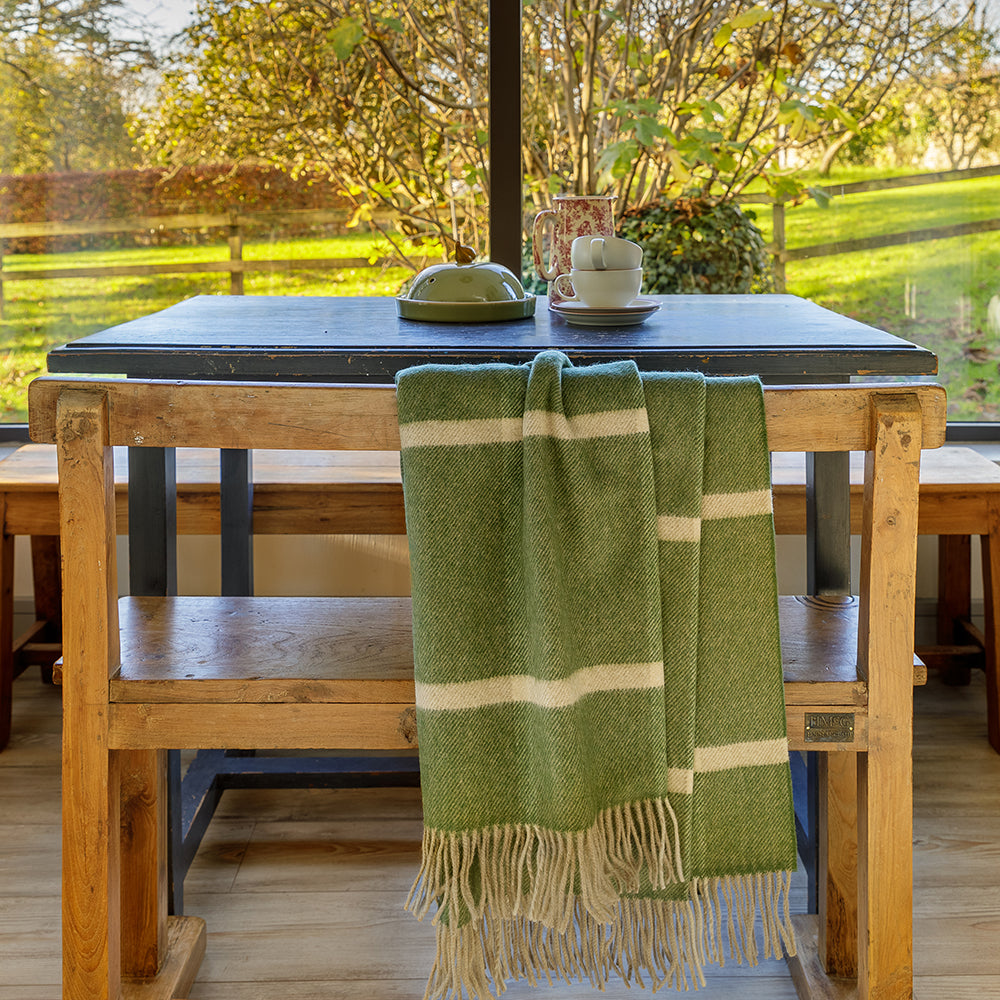 Wool Angora Throw | Green & Cream Windowpane Check