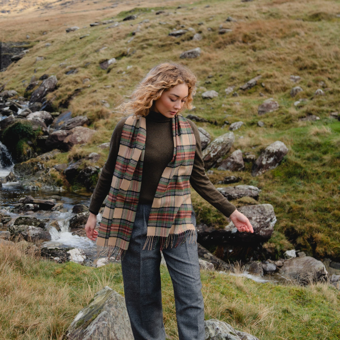 Green Brown Charcoal Camel Check Merino Scarf