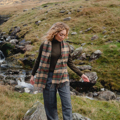 Green Brown Charcoal Camel Check Merino Scarf