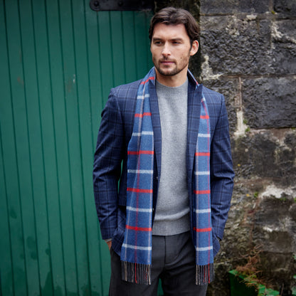 Blue, Red, Sky & Beige Check Merino Scarf