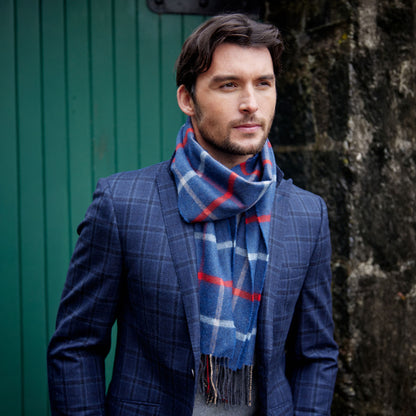Blue, Red, Sky & Beige Check Merino Scarf