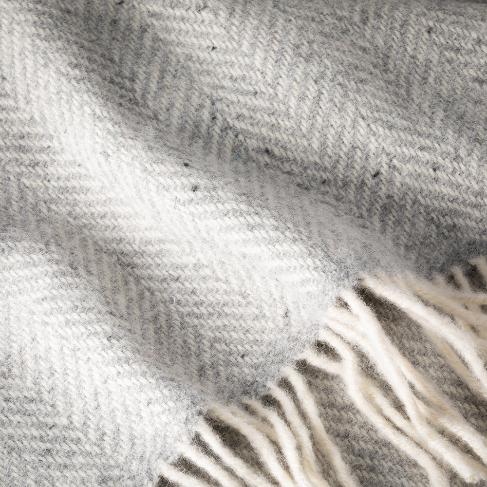 Merino & Cashmere Throw | Pale Grey Herringbone | Large