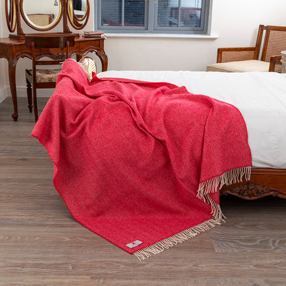 Merino & Cashmere Throw | Raspberry and Cream Herringbone | Large