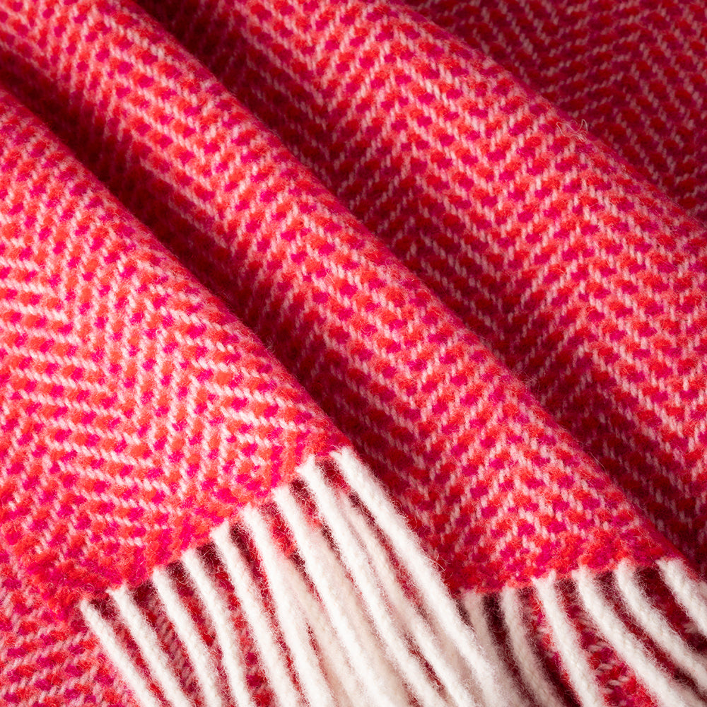 Merino & Cashmere Throw | Raspberry and Cream Herringbone | Large