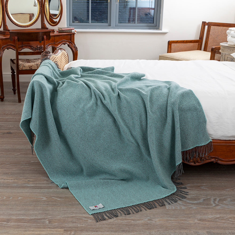 Merino & Cashmere Throw | Duck Egg Herringbone | Large