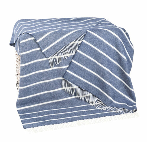 Merino Lambswool Throw | Denim White Horizontal Stripe