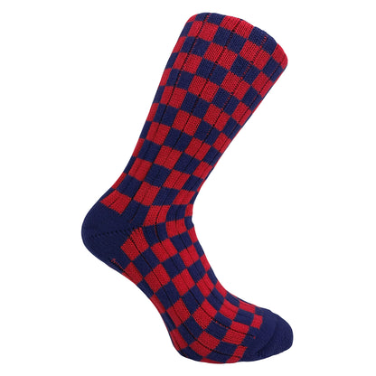 Red and blue checkered sock on a white background