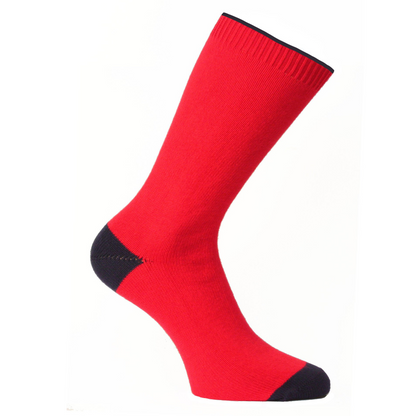 A red sock with contrasting black heel and toe, isolated on a white background.