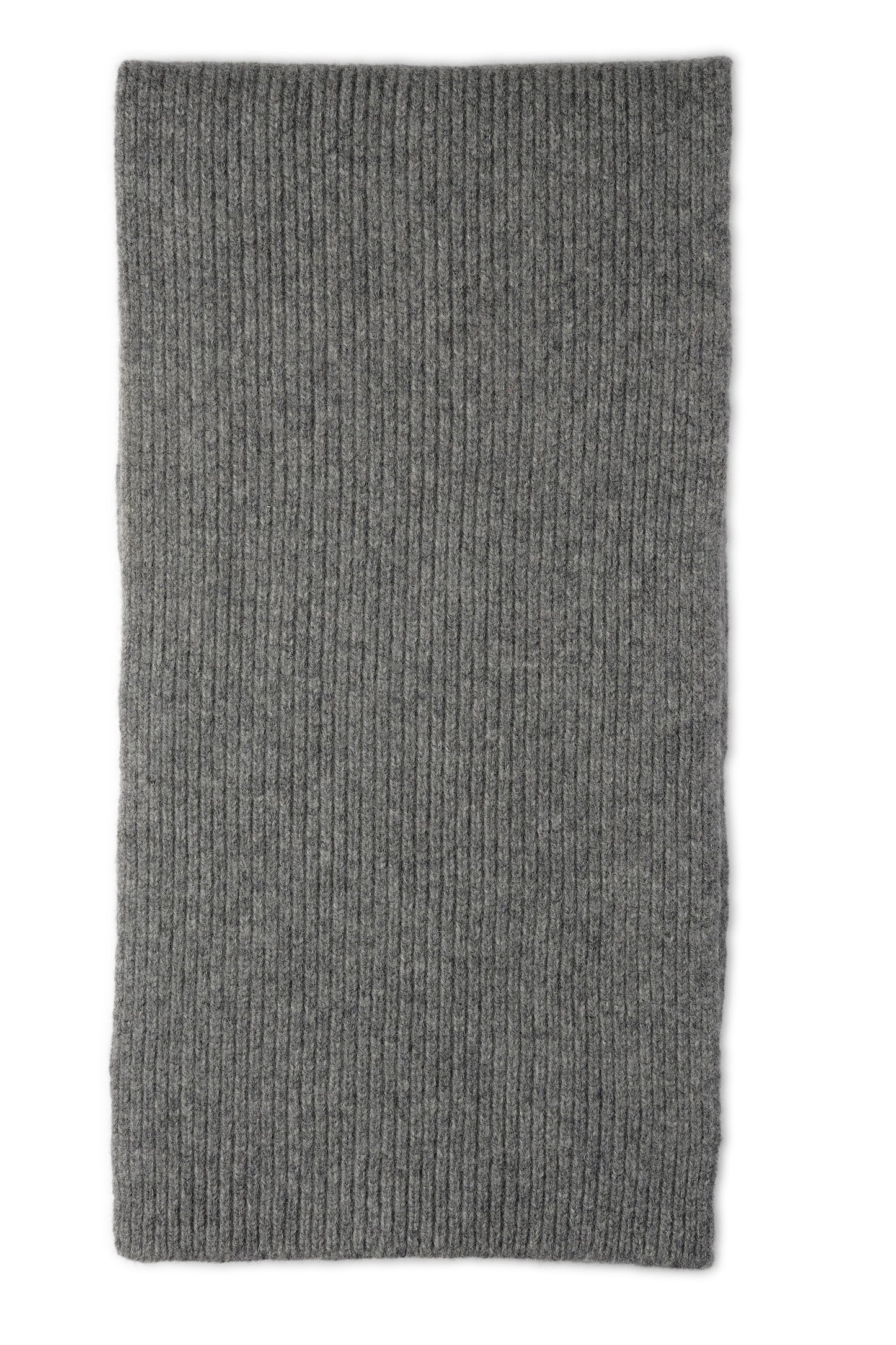 A grey, heavyweight chunky rib knit scarf made of lambswool, displayed flat.