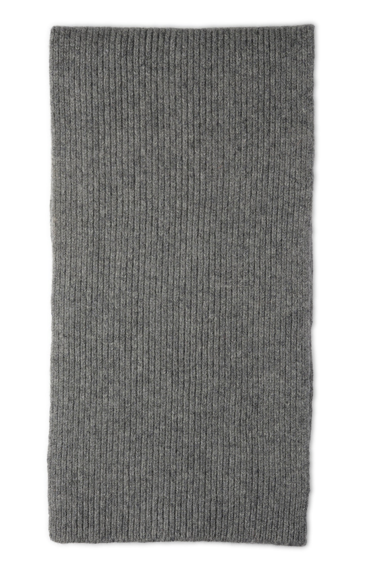 A grey, heavyweight chunky rib knit scarf made of lambswool, displayed flat.