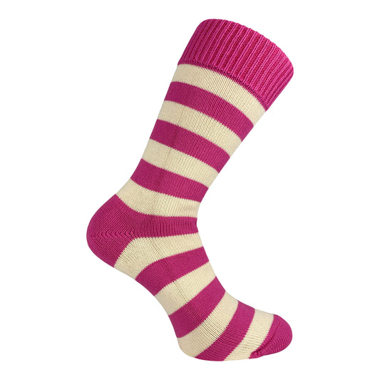 Pink and cream striped sock on a white background