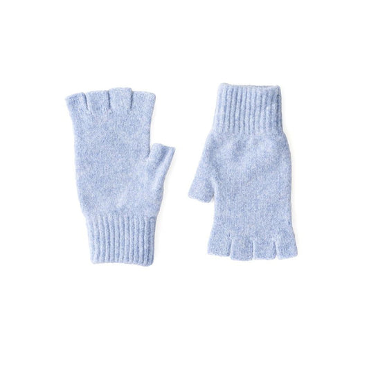 Pair of light blue fingerless gloves on a white background