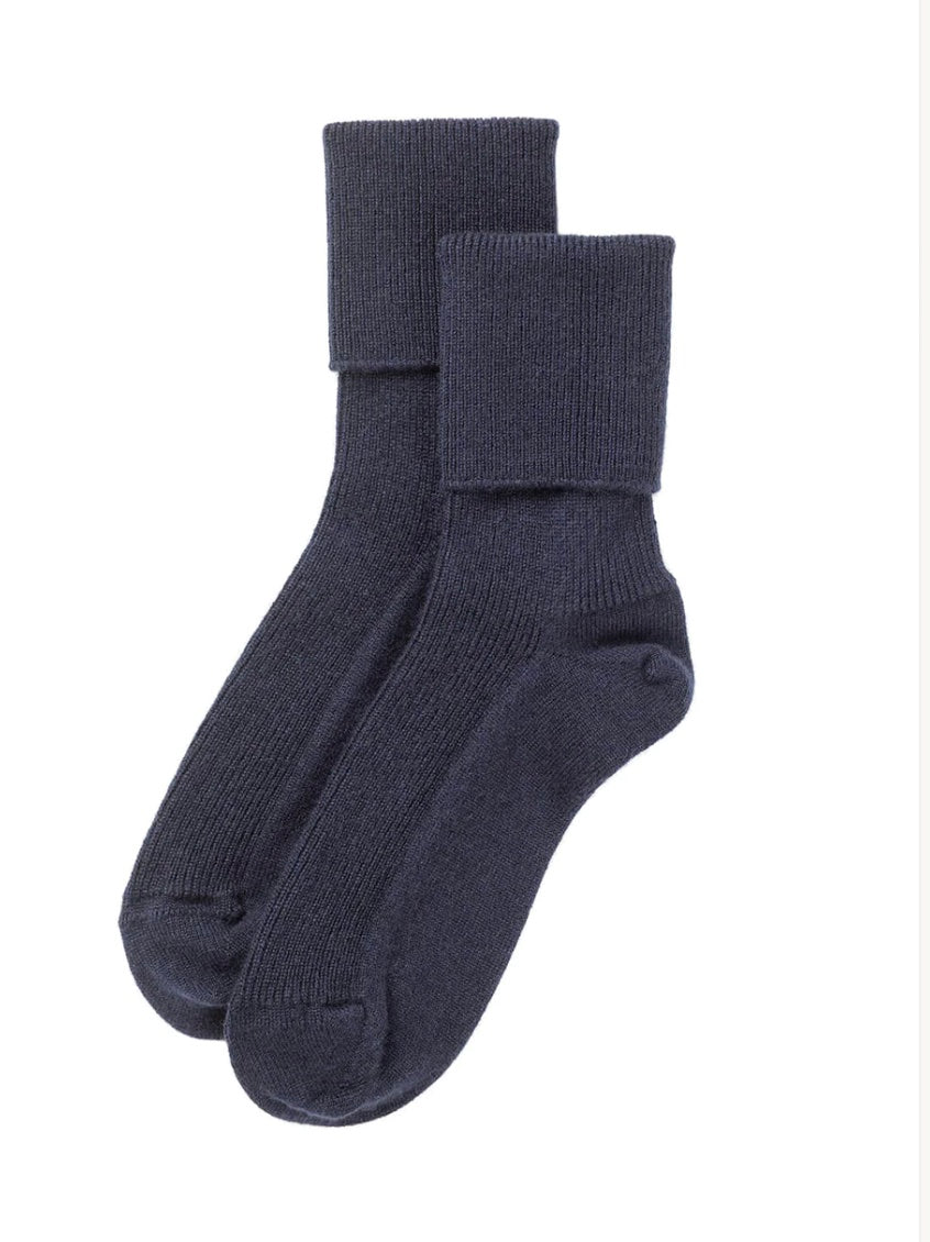 Ladies Navy Cashmere Ribbed Ankle Socks