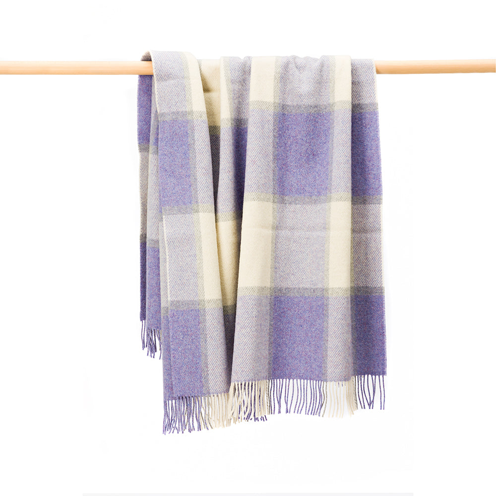 Shetland Wool Picnic Blanket | Lavender, White & Silver Block