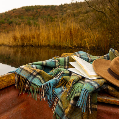 Shetland Wool Picnic Blanket | Royal Blue & Lichen Plaid