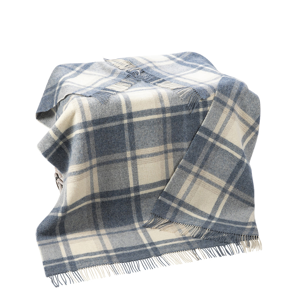 Shetland Wool Picnic Blanket | Natural, Denim & Blue Mix Plaid