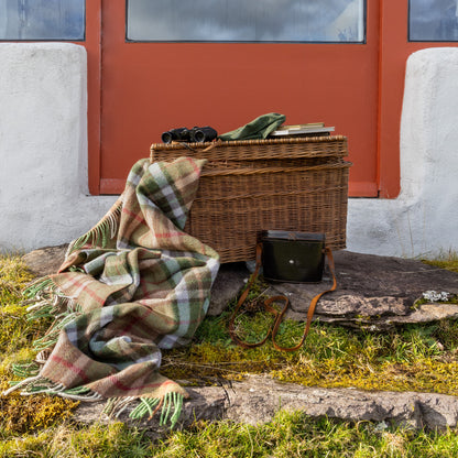 Shetland Wool Picnic Blanket | Pale Green, Beige & Blue Tartan