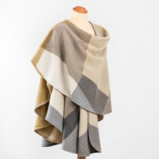 Lambswool Cape – Mustard, White, Cream & Grey Block