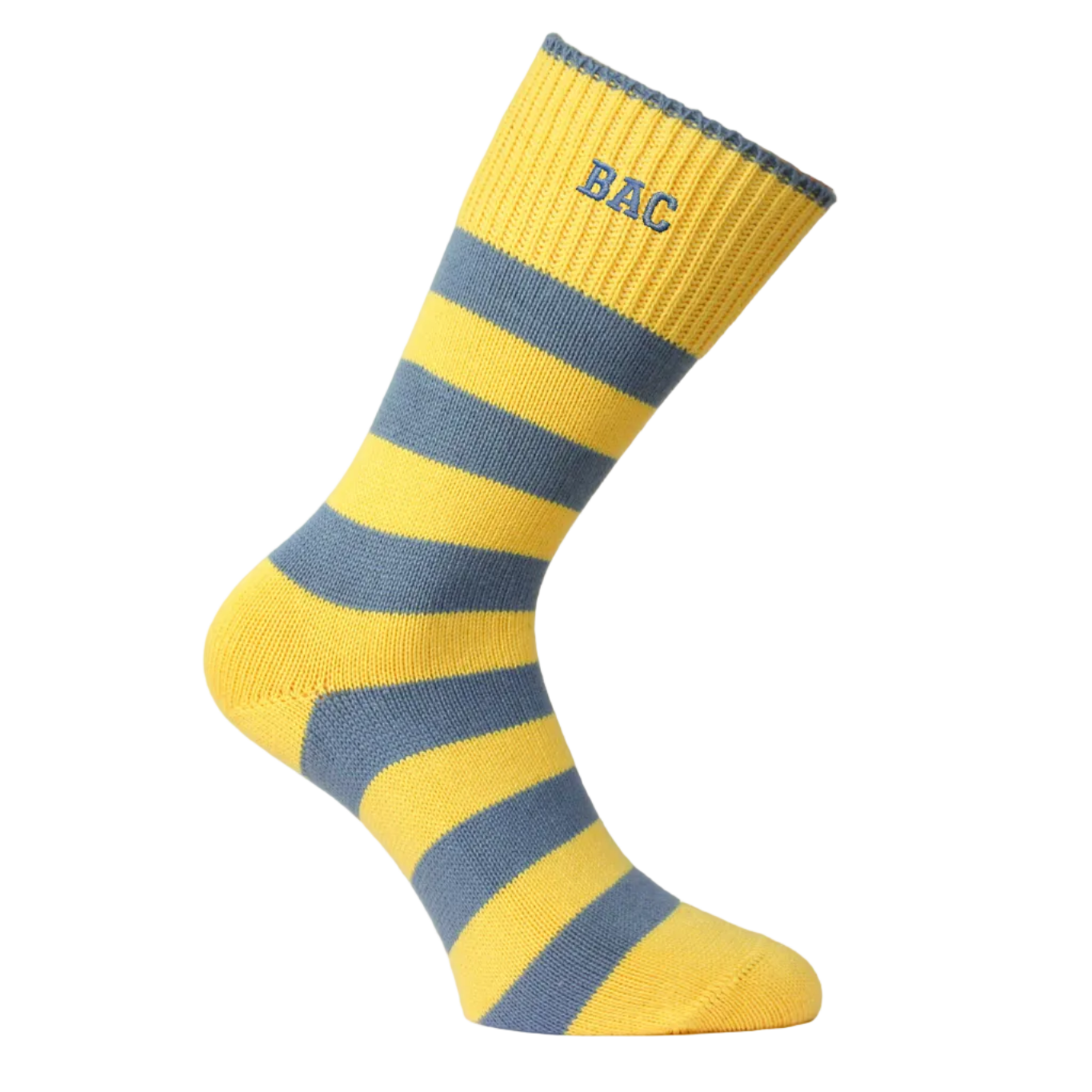 Yellow and blue striped sock with 'BAC' embroidery on a white background
