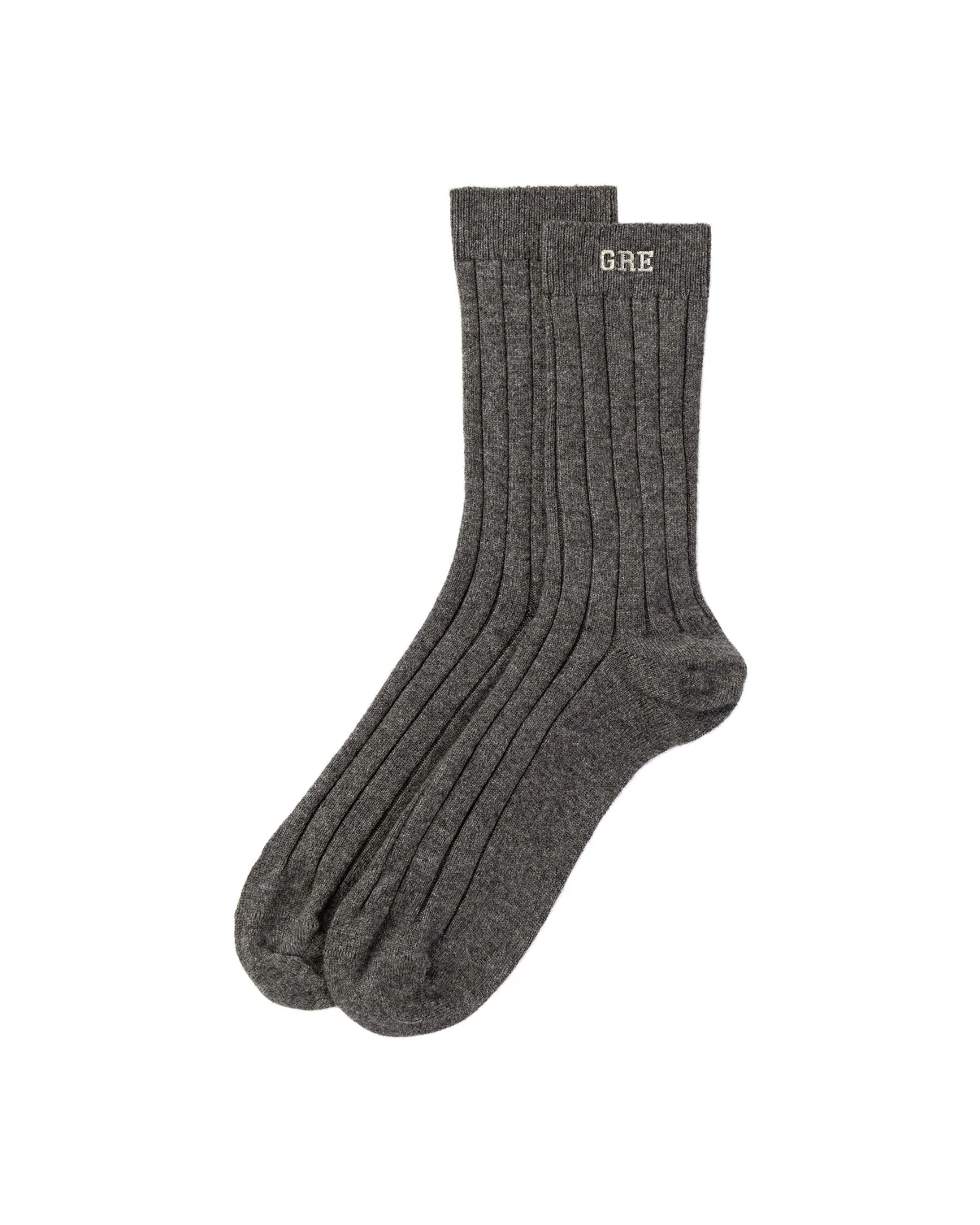 Pair of gray socks with cream 'GRE' embroidery 